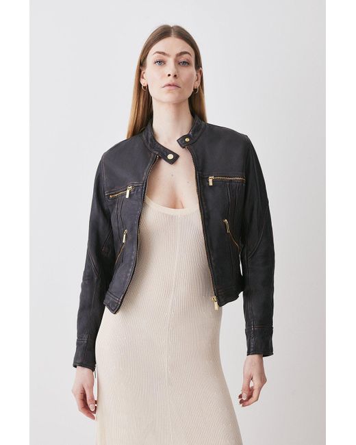 Karen Millen Black Washed Leather Collarless Jacket