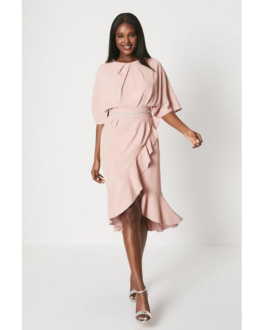 Coast Pink Crepe Frill Wrap Dress With Pearl Waist