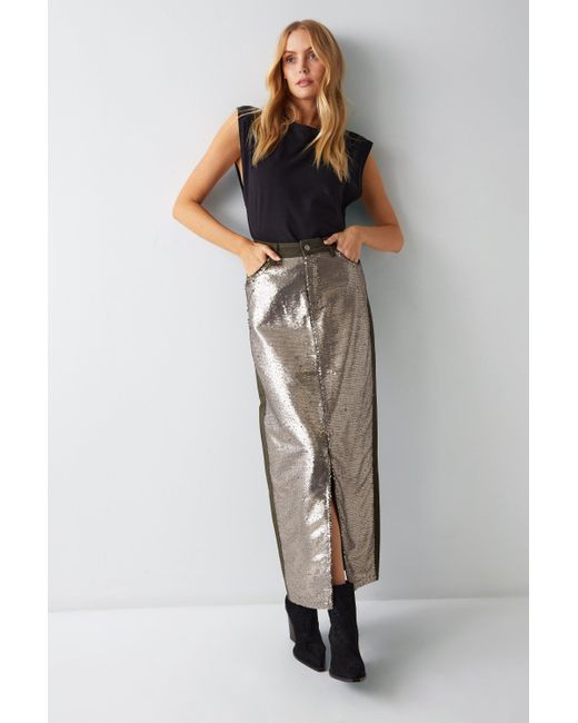 Warehouse Green Twill Sequin Maxi Skirt