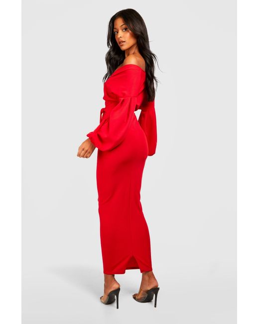 Boohoo Red Tall Off The Shoulder Wrap Maxi Bodycon Dress