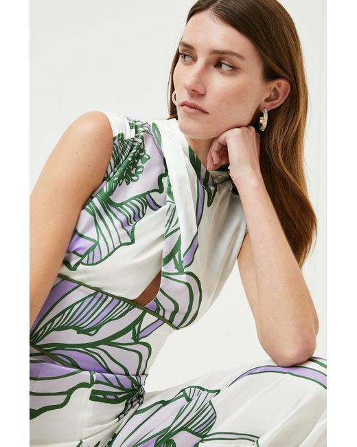Karen Millen White Graphic Floral Woven Maxi Jumpsuit