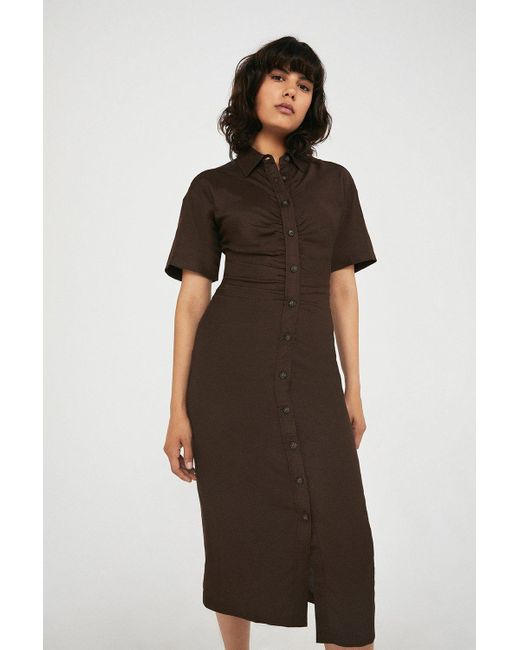 Warehouse Black Linen Mix Ruched Front Midi Shirt Dress