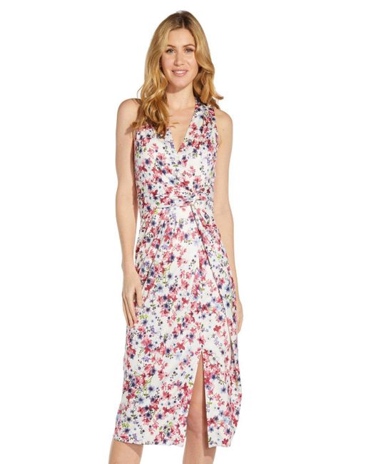Adrianna Papell White Floral Knit Draped Dress