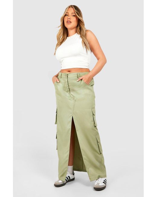 Boohoo Green Plus Cargo Pocket Midi Skirt