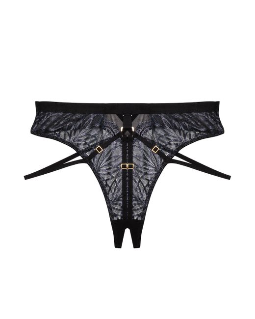 Playful Promises Tabitha Black Wet-look Lace Hw Crotchless Thong