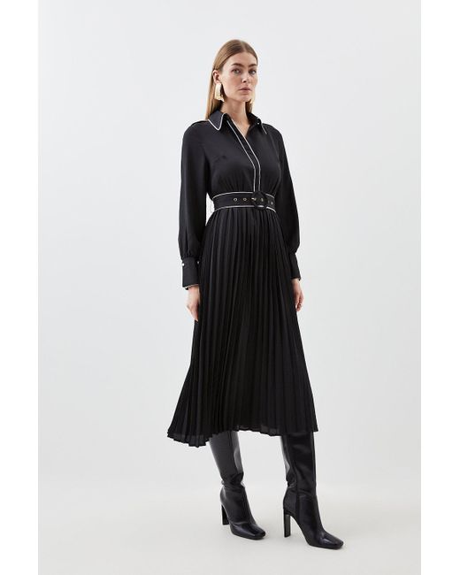Karen Millen Black Piping Detail Woven Belted Midi Dress