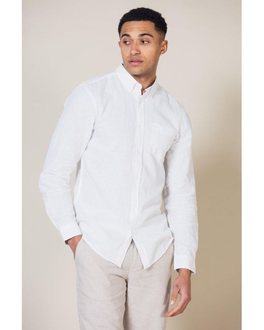 Nines White Linen Blend Long Sleeve Button-up Shirt With Chest Pocket for men