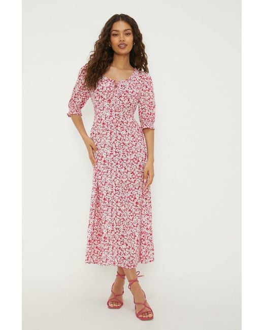 Dorothy Perkins Pink Petite Red Floral Ruffle Neck Midi Dress