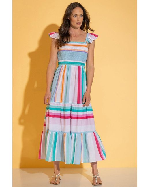 Klass Blue Striped Printed Smocked Maxi Dress