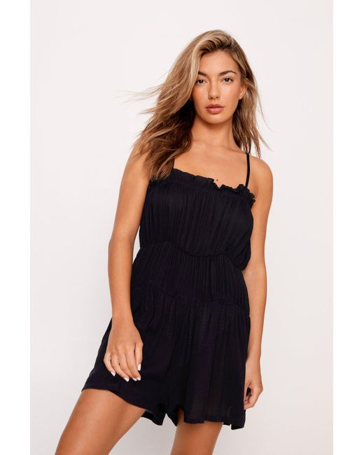Nasty Gal Black Crinkle Tiered Ruffle Cover Up Romper