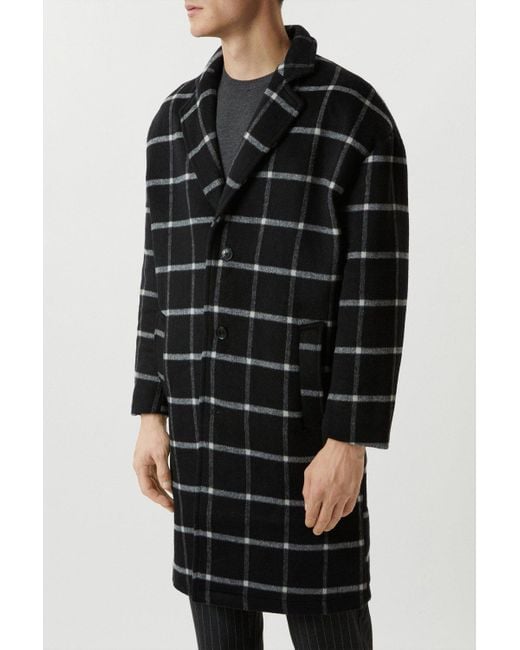 Burton Black Relaxed Fit Wool Checked Overcoat for men