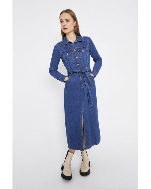 Warehouse Blue Denim Split Front Belted Maxi Dress