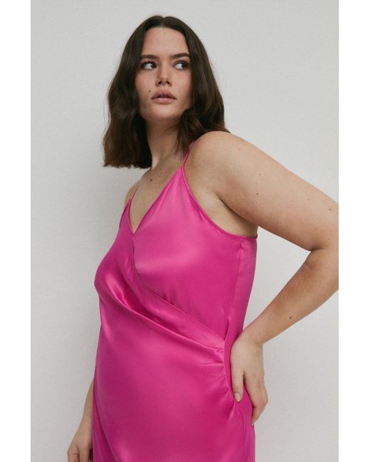 Warehouse Pink Plus Size Satin Wrap Ruched Slip Midi Dress