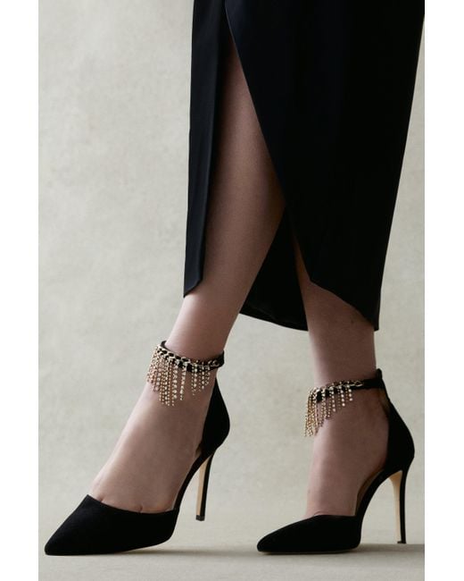 Karen Millen Black Fringe Chain Leather Ankle Court Shoe