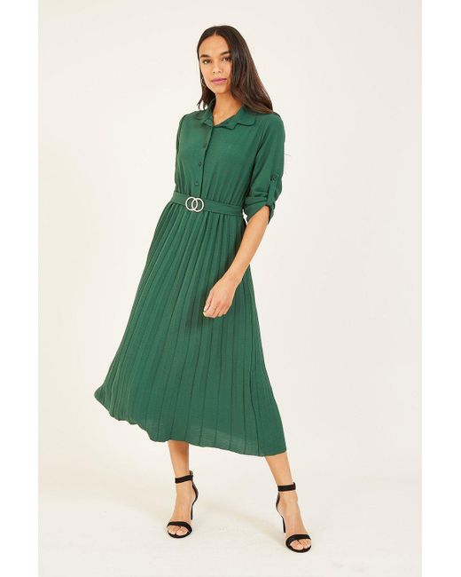 Yumi' Green Pleated Skirt Midi Shirt Dress