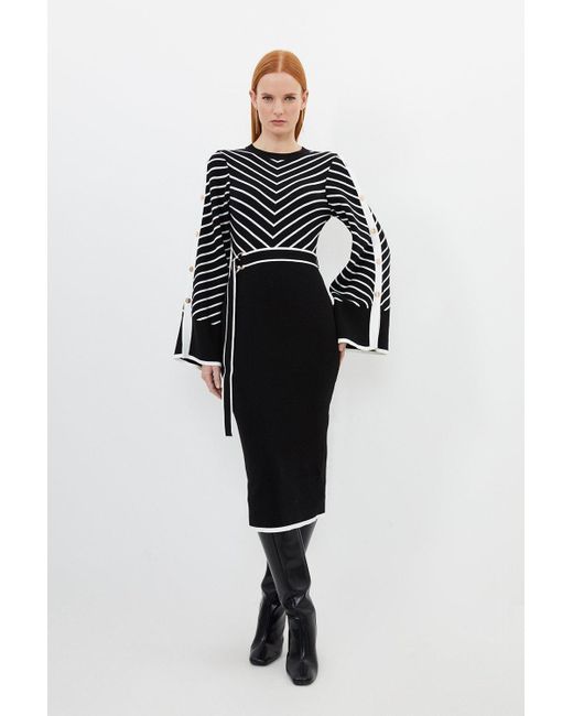 Karen Millen Black Cotton Blend Striped Knit Midi Dress