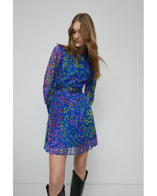 Warehouse Blue Petite Belted Pleated Mini Dress In Floral