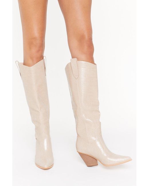 Nasty Gal Natural Knee High Faux Leather Croc Cowboy Boots