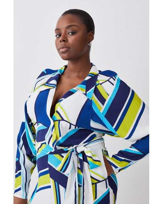 Karen Millen Blue Plus Size Bold Stripe Belted Woven Jumpsuit
