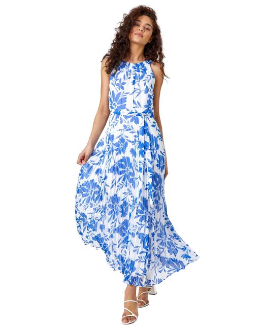 Roman Blue Floral Chiffon Halter Neck Maxi Dress