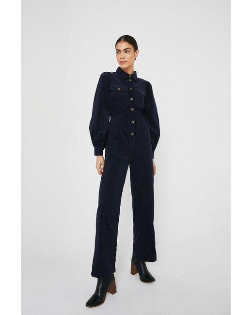 Warehouse Blue Cord Puff Sleeve Button Front Jumpsuit