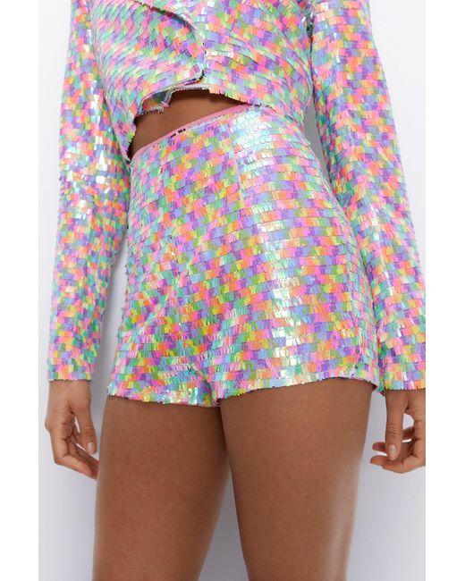 Nasty Gal Red Multi Color Sequin Two Piece Shorts