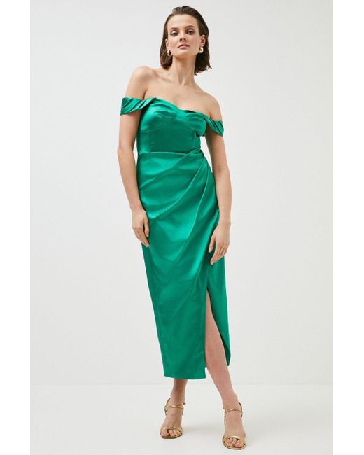 Karen Millen Green Italian Structured Satin Bardot Drape Midaxi Dress