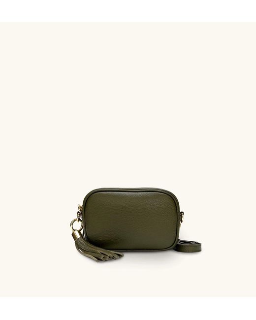 Apatchy London The Mini Tassel Olive Green Leather Phone Bag With Port & Olive Diamond Strap