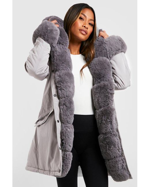 Boohoo Gray Luxe Faux Fur Trim Collar And Cuff Parka