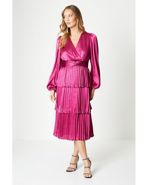 Coast Pink Tiered Pleated Skirt Satin Midi Dress With Long Sleeve