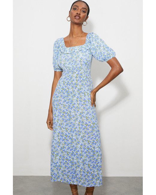 Dorothy Perkins Petite Blue Floral Frill Neck Midi Dress