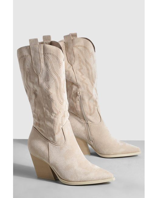 Boohoo Natural Contrast Stitch Detail Western Cowboy Boots