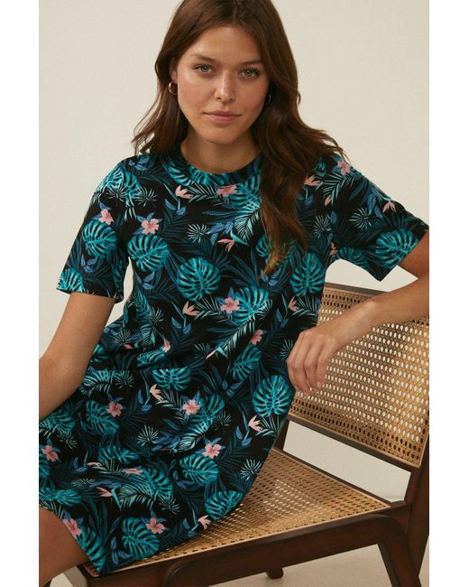 Oasis Blue Palm Print Trapeze T-shirt Dress