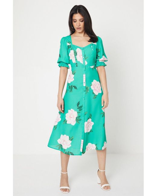 Dorothy Perkins Green Floral Button Through Midi Dress