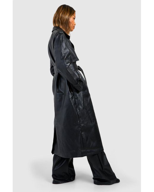 Boohoo Black Double Breast Faux Leather Maxi Trench Coat