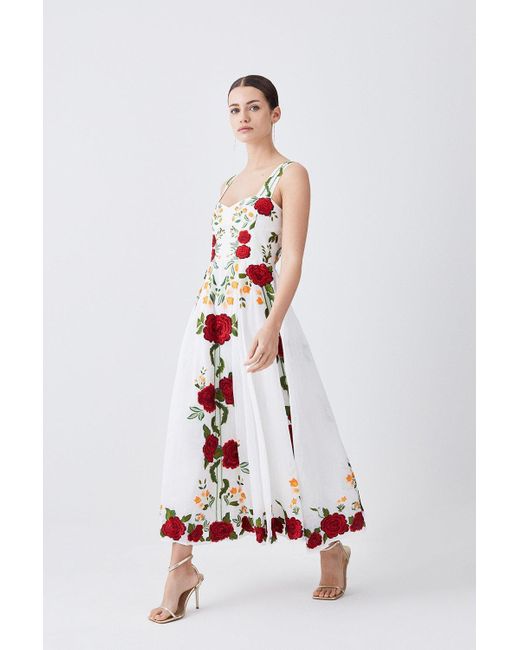 Karen Millen White Petite Rose Embroidered Cotton Organdie Midi Dress