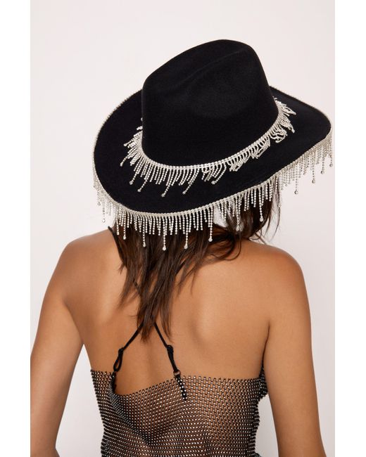 Nasty Gal Black Diamate Double Fringe Embellished Cowboy Hat
