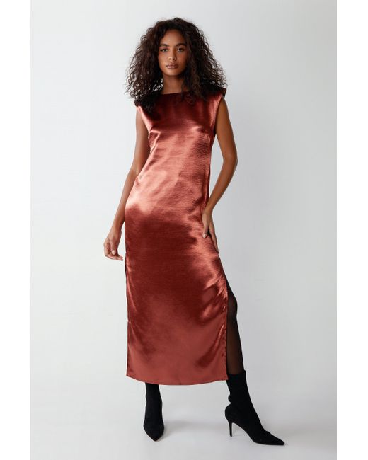 Warehouse Red Metallic Satin Column Shoulder Pad Midi Dress