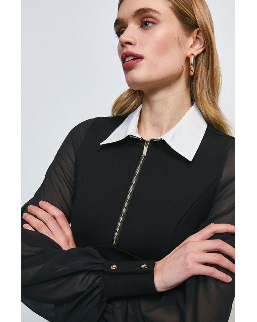 Karen Millen Black Contrast Collar Zip Ponte Dress