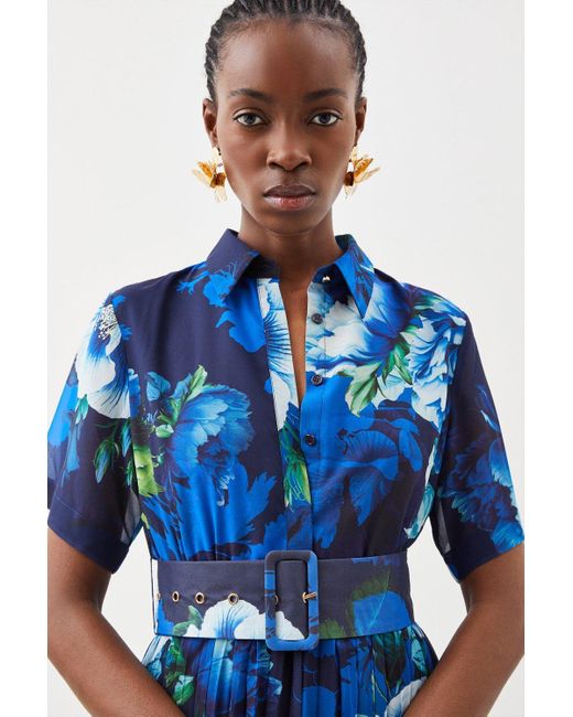 Karen Millen Blue Petite Rose Print Pleated Woven Shirt Midi Dress