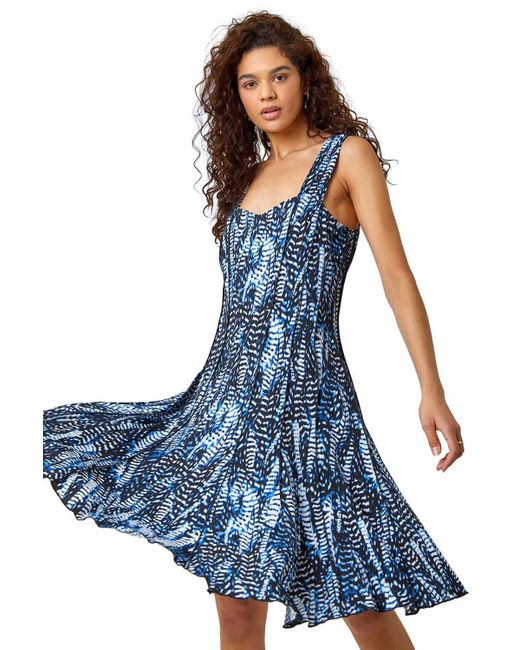 Roman Blue Printed Panel Fit And Flare Dress