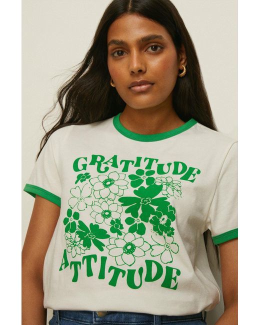 Oasis Green Gratitude Attitude Printed Ringer T-shirt