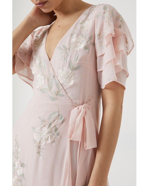 Coast Pink Rose Embroidered Flutter Sleeve Wrap Bridesmaids Maxi Dress