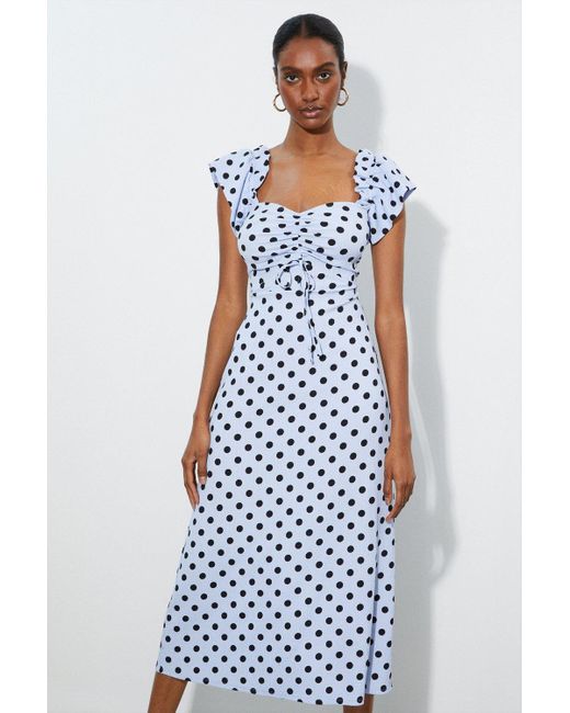 Dorothy Perkins Tall Blue Spot Ruch Front Strappy Midi Dress