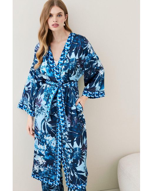 Karen Millen Blue Tropical Geo Satin Nightwear Robe