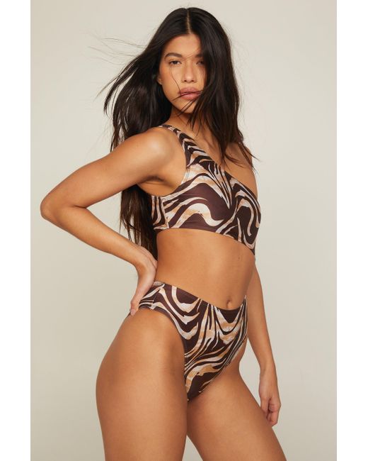 Nasty Gal Brown Basic 2 Pack Zebra One Shoulder Cut Out Swimsuits