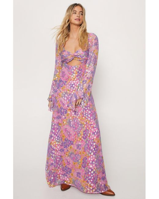 Nasty Gal Pink Floral Metallic Ruched Bust Maxi Dress