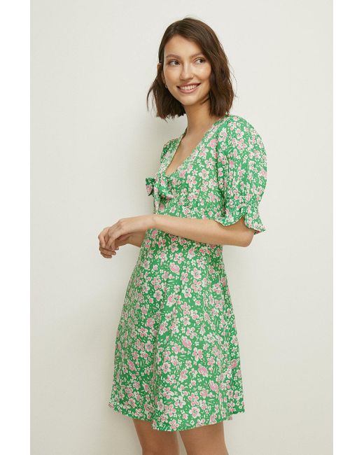 Oasis Green Tie Front Floral Tea Dress