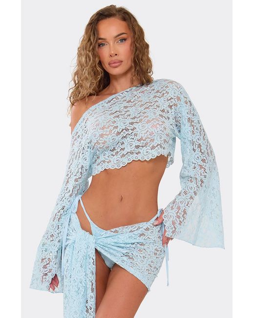 EGO Blue Long Sleeve Off-The Shoulder Lace Top