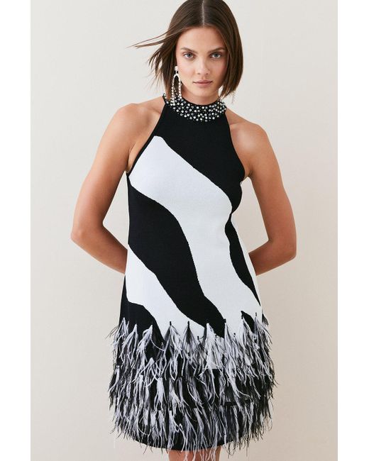 Karen Millen Black Feather Hem Mono Print Knit Mini Dress